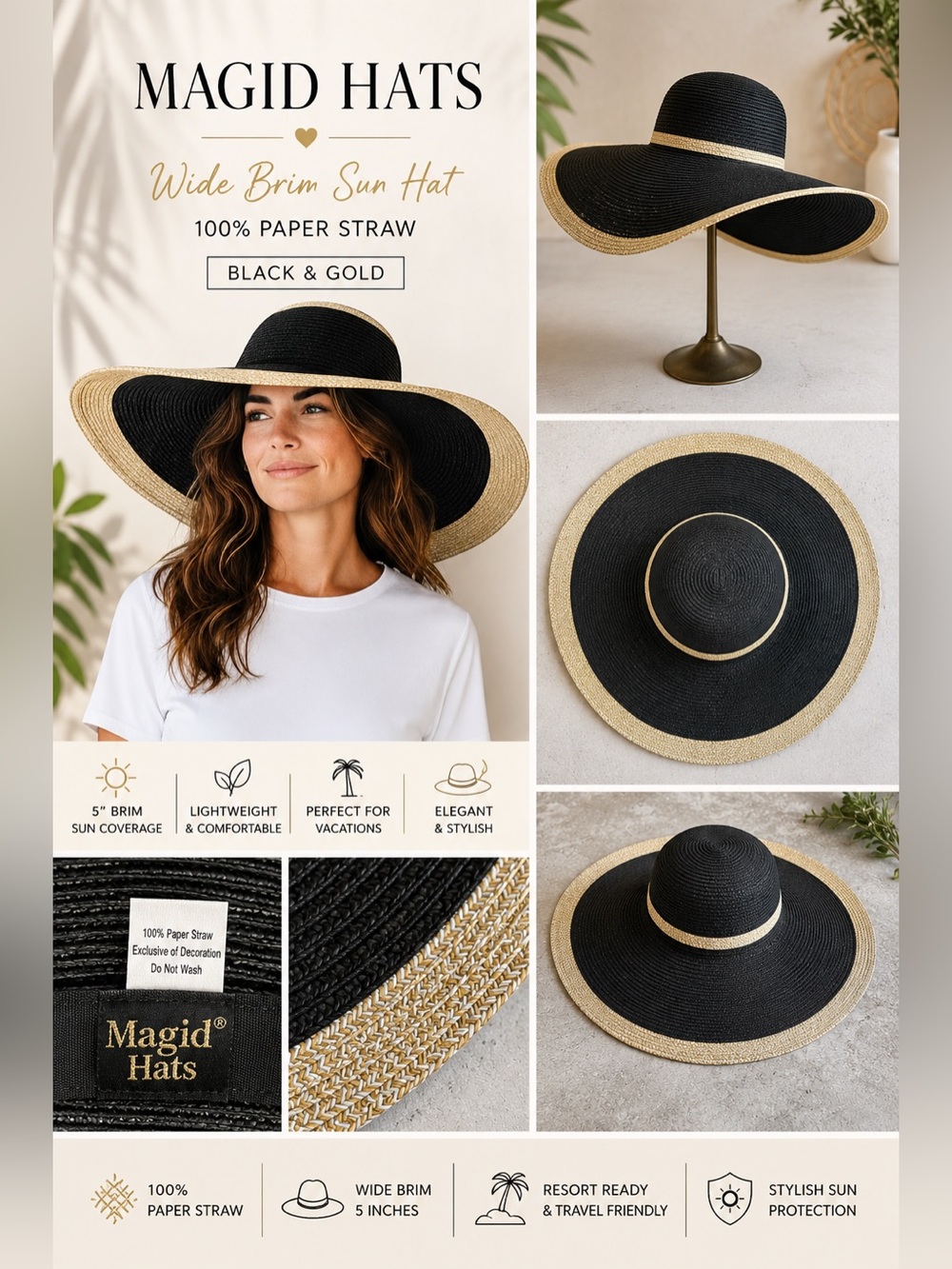 Magid Hats Black Gold Silver Metallic Wide Brim Floppy Sun Hat 100% Paper Straw